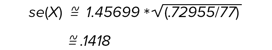se(X) approximately equal to 1.45699 times √(.72955 divided by 77) which is approximately .1418