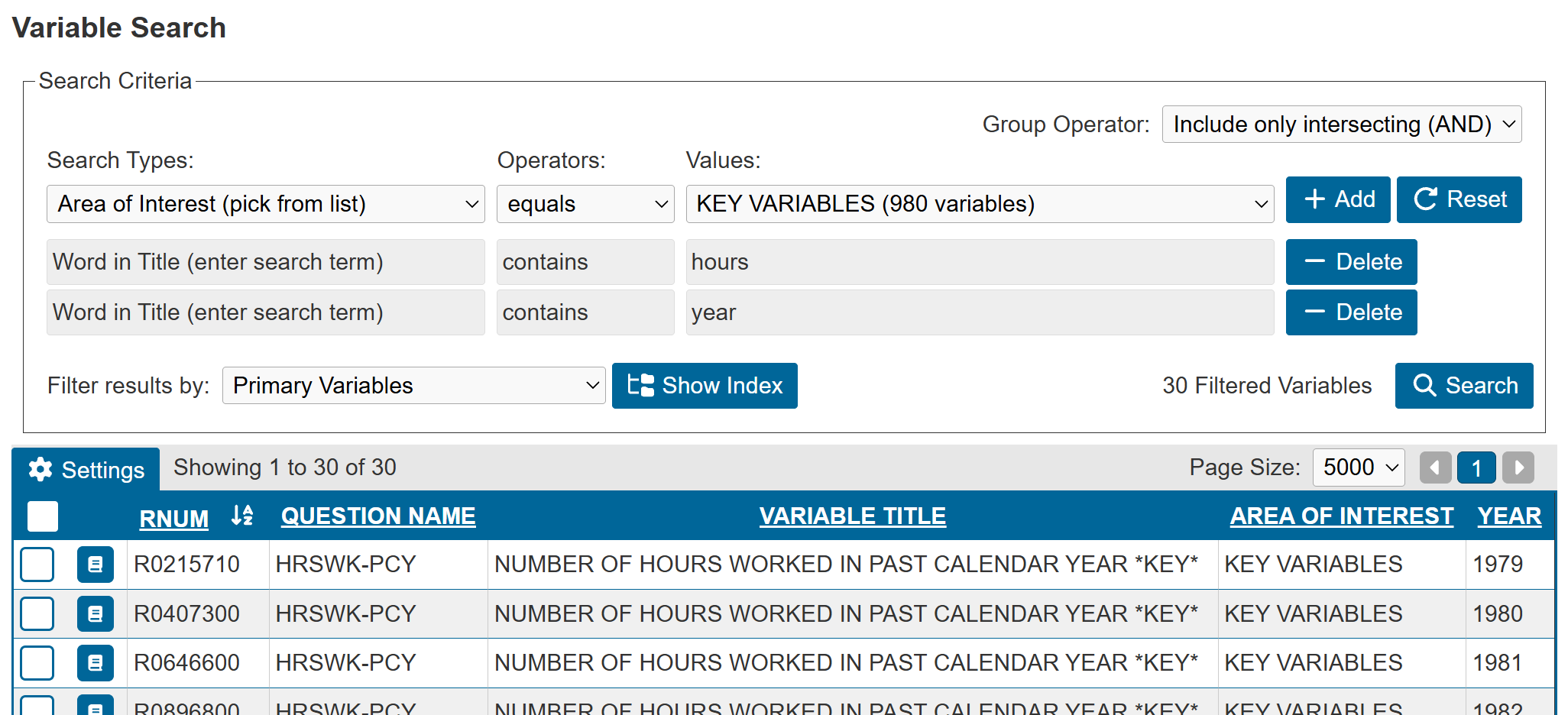 variable search tab loaded with dependent var criteria