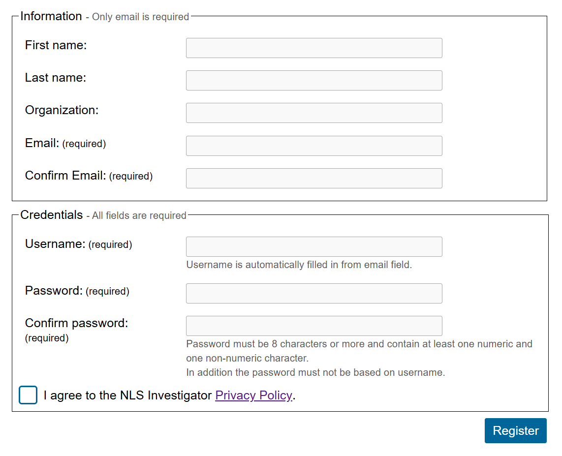 account registration form showing required inputs: email, username, and password along with optional items: name and organization