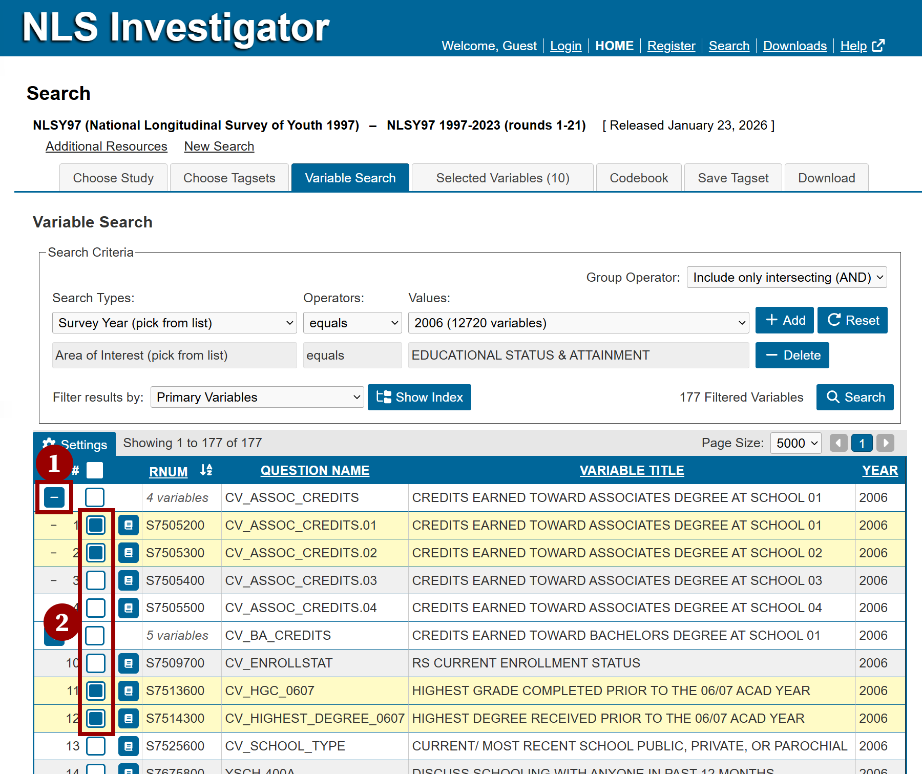 Four variables are tagged in the search results table