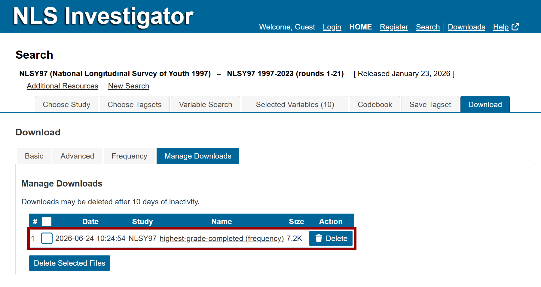 frequency distribution results available in the Manage Downloads sub-tab