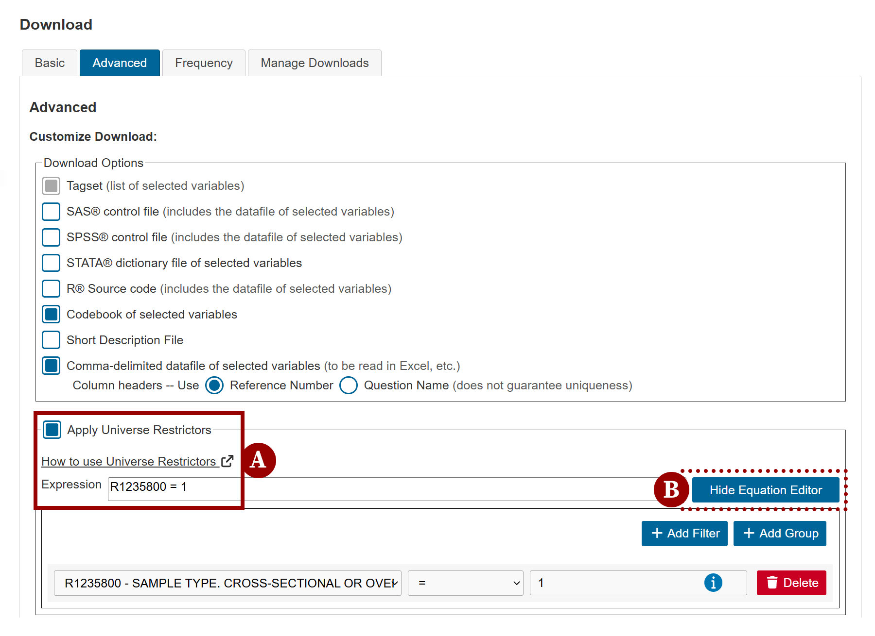 Apply universe restrictors option highlighted