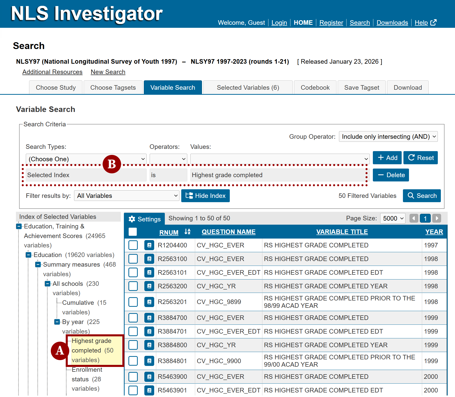 var highlighted in link tree refreshes the search criteria area with the same information