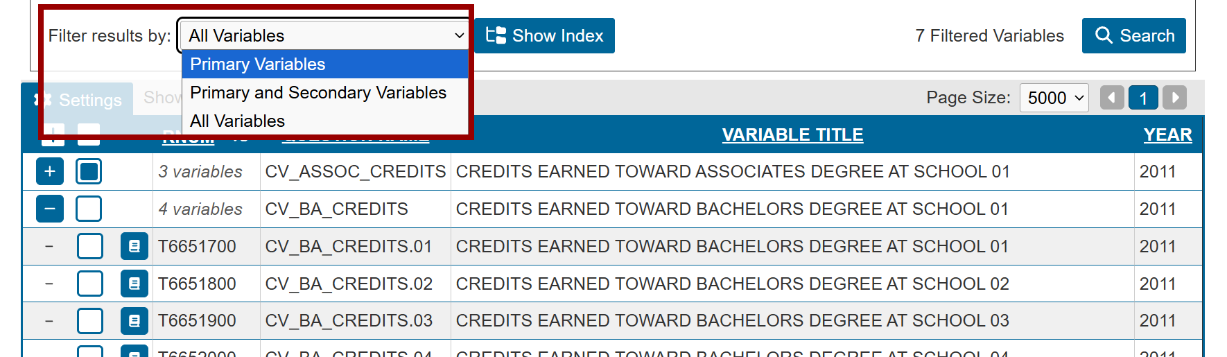 filtered by drop-down menu