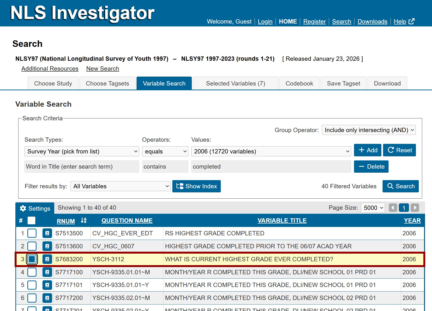 one tagged variable in the search results table within the variable search tab