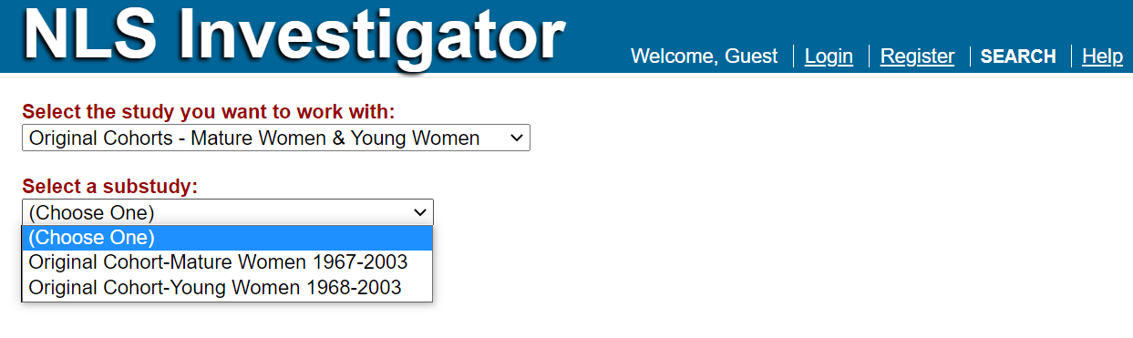 cohort sub-study drop-down menu