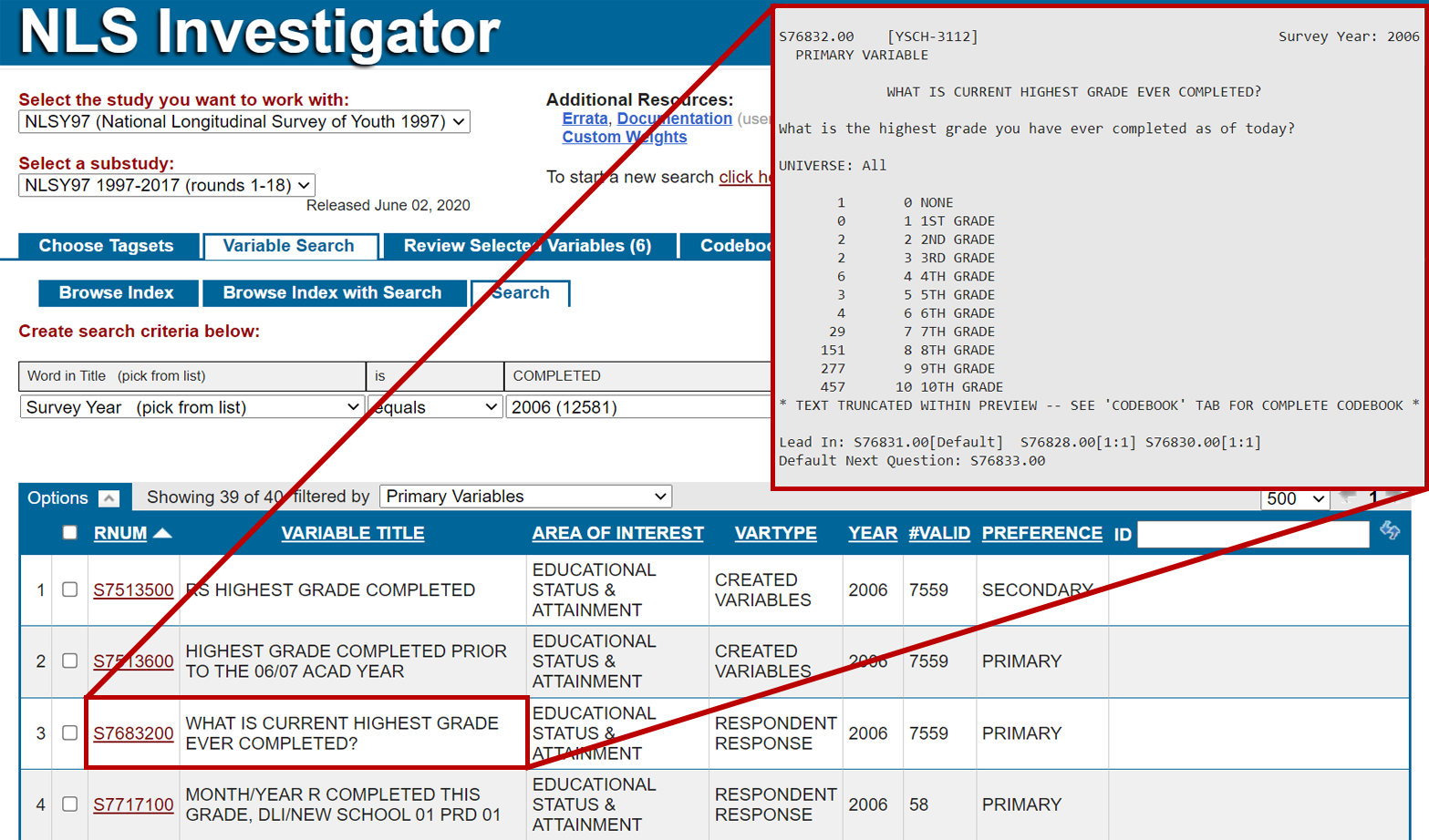 sample variable and corresponding codebook preview