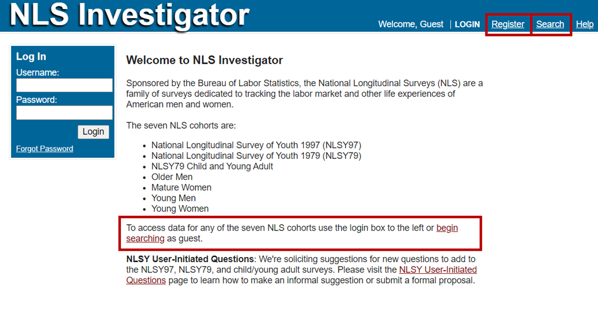 Investigator home page showing search and register links