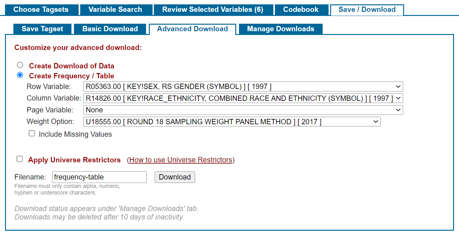 sample selections shown in the frequency/table menu