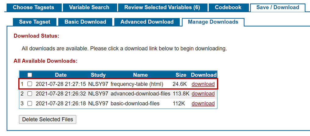 frequency/table sample listed in manage downloads sub-tab