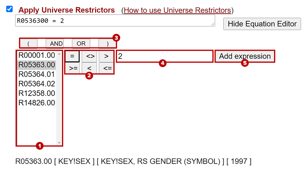 universe restrictors equation editor