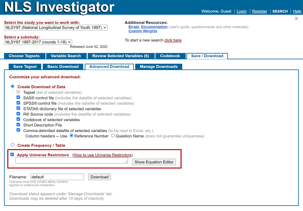 universe restrictors portion of the advanced download sub-tab
