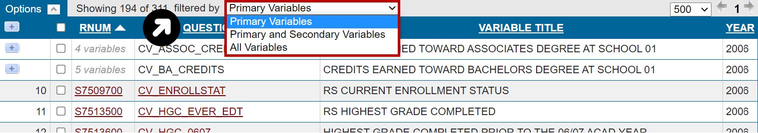 filtered by drop-down menu
